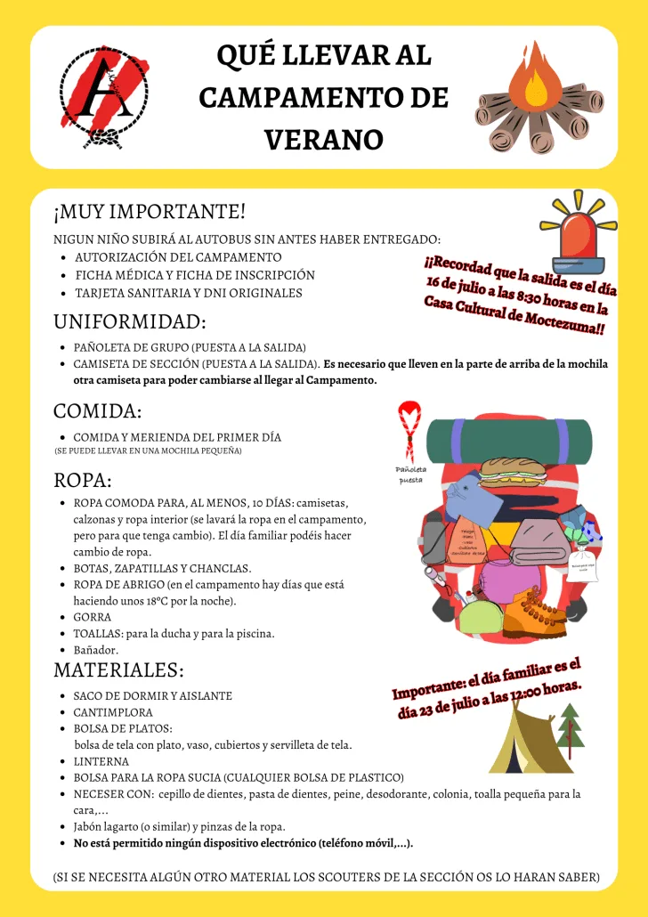 Material para el campamento de verano de Manada