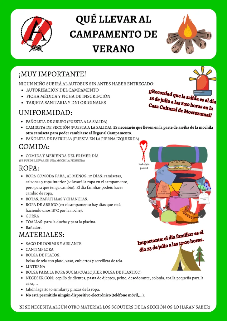 Material para el campamento de verano de Sección Scout