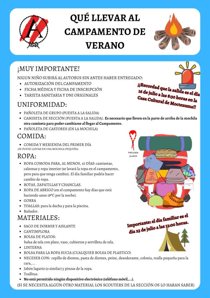 Material para el campamento de verano de Castores